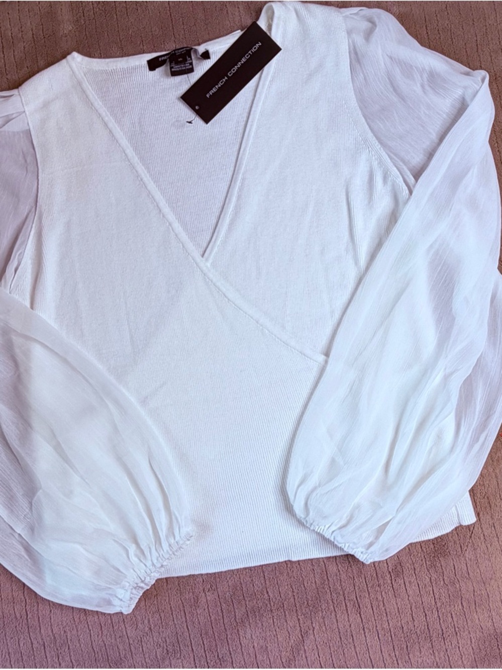 French Connection White V-Neck Puff Sleeve Wrap Blouse - Picture 5 of 8